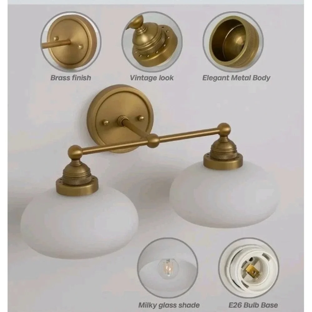 2-Lights Milk White Glass Wall Sconce Lighting Brass Finished, Double Arm Bat...